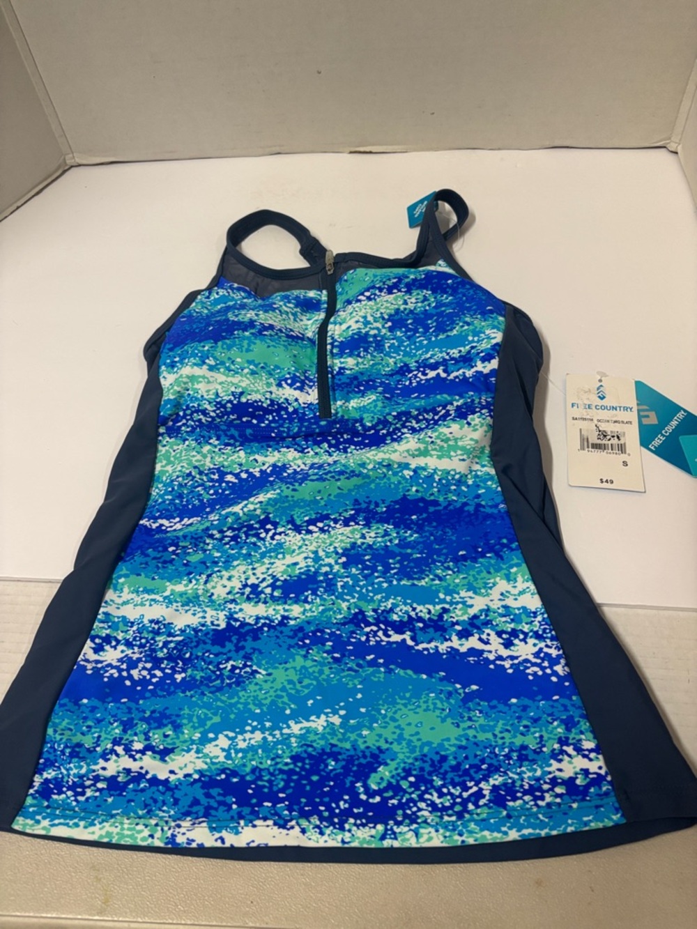 Free Country Blue & Teal Printed Zip-Front Swim Top